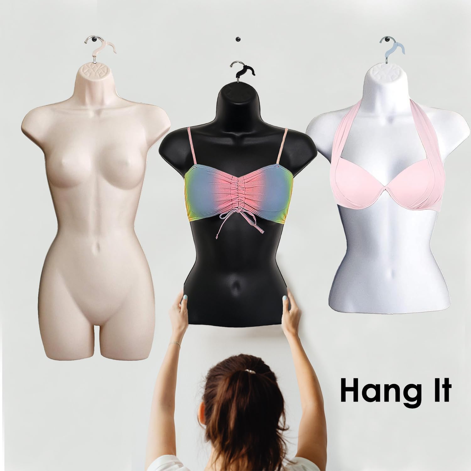 DisplayTown Female Mannequin Torso Hip Long Hollow Back Hanging BodyDress Form with Hanging Hook, Flesh S-M Sizes (20-Pack)