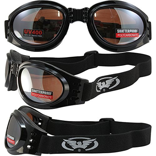 Global Vision Adventure Folding Motorcycle Goggles Gloss Black Frames with Driving Mirror Lenses 