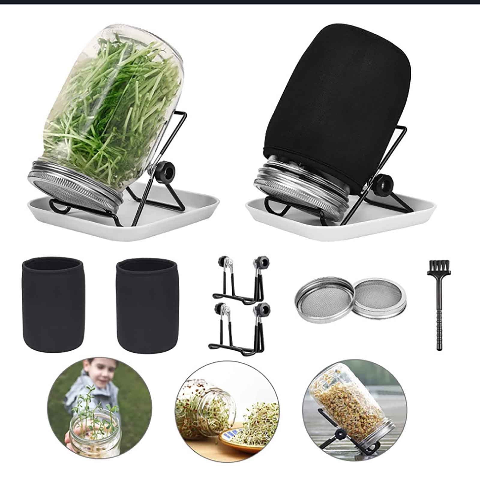 syligr Complete Sprouting Kit with 2 Glass Jars Stainless Steel Lids, Wide Mouth Seed Sprouter for Broccoli Alfalfa Beans, Food Grade Germination Tray Stand, Easy Home Sprout Grower for Beginners