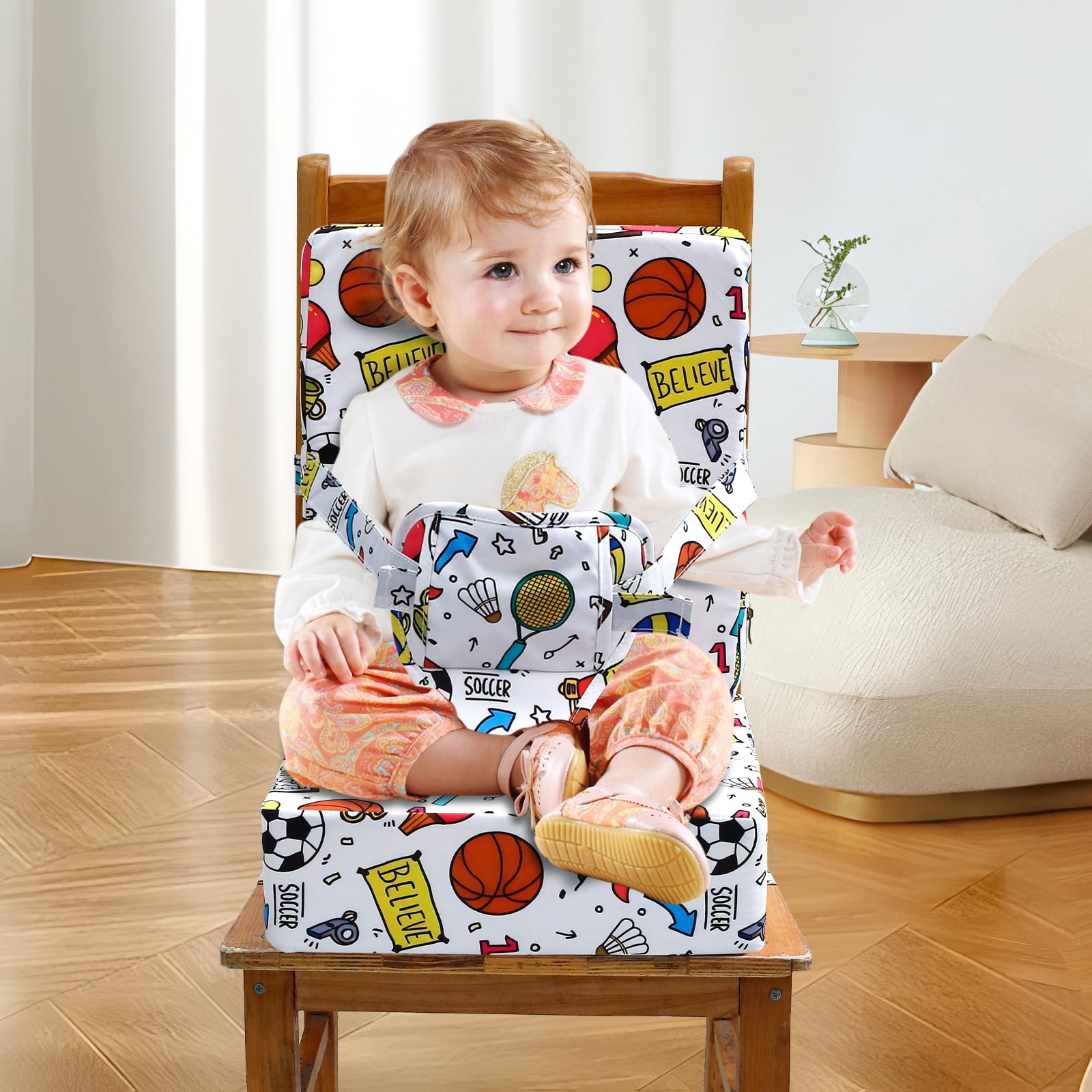 Dznils Toddler Booster Seat for Dining Table, with Backrest, Safety Buckles, Non-Slip Bottom, White