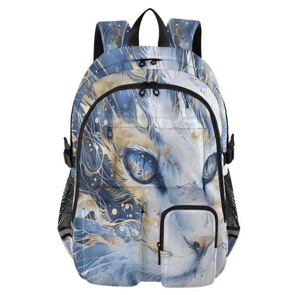 DIXRUYEE Blue and White Cat Ethnic Style Backpack for School 14”Laptop Compatible with Reflective Safety Strips