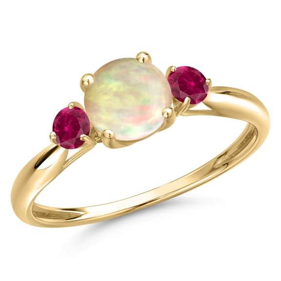 Gem Stone King 10K Yellow Gold White Ethiopian Opal and Red Created Ruby 3-Stone Ring for Women | 0.84 Cttw | Round Cabochon 6MM | Gemstone October Birthstone | Size 8