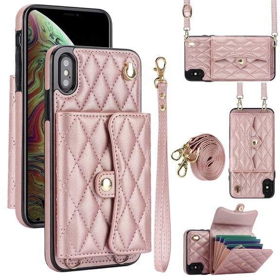 for iPhone X/XS Back Case, Luxury Ultra Slim Shockproof PU Leather Card Slots Kickstand Magnetic Snap Shoulder Strap & Wristlet RFID Blocking Phone Cover for iPhone X/XS, Rosegold