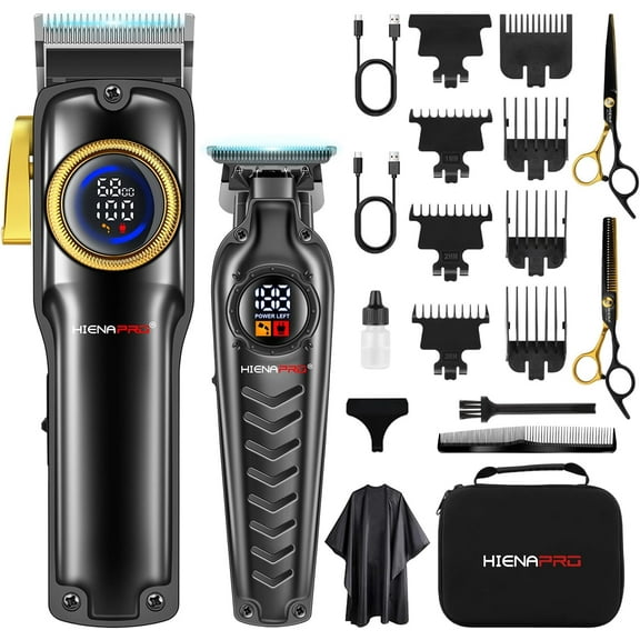 HIENA PRO Professional Hair Clipper and Trimmer Set, Cordless Hair Clippers Set for Men, Electric Barber Clipper Trimmer Full Kit, USB Rechargeable T-Blade Zero Gap Hair Trimmer with LED Display