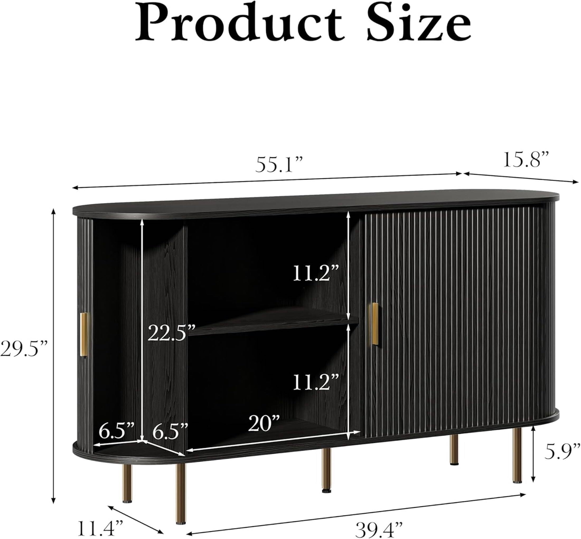 Aisword Sideboard Buffet Cabinet with Storage,Mid Century Modern Fluted Accent Coffee Bar Console Table,Tambour Sliding Doors& Adjustable Shelf for Kitchen, Living Room, Entryway, 55 Inch Black