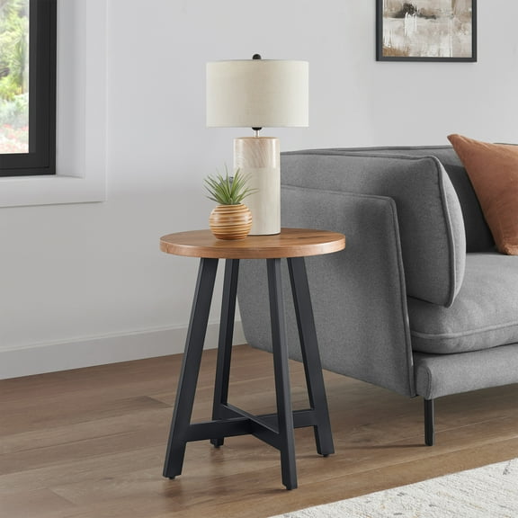 Lavish Home Industrial Round End Table with MDF Top and Metal Frame, Walnut