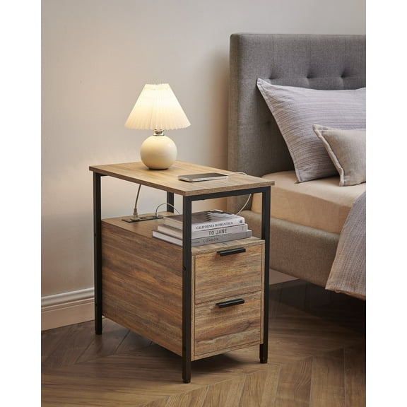 End Table Bedside Table with Storage Bedroom Small Space 2 Drawers Oak with Blue Grains Black