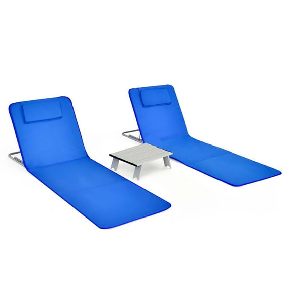Spaco Patio Lounge Chair, 3 Pieces Beach Lounge Chair Mat Set 2 Adjustable Lounge Chairs with Table Stripe-Blue