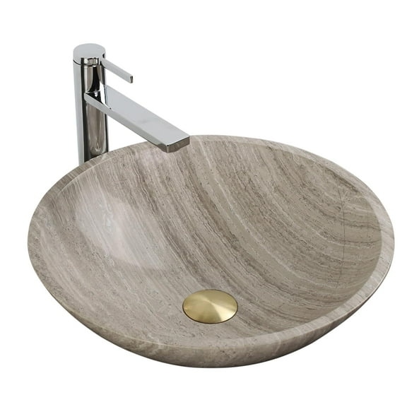 Natural Wood Gray Stone Round Vessel Sink for Bathroom, 17 Inch Wood Gray Marble Bathroom Sink, Vanity Bowl Basin