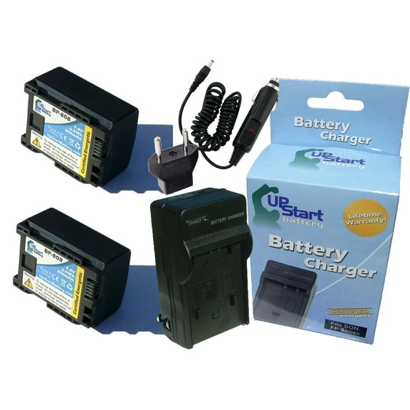 2x Pack - Canon FS400 Battery   Charger with Car & EU Adapters - Replacement for Canon BP-808 Digital Camcorder Battery and Charger (Decoded, 890mAh, 7.4V, Lithium-Ion)