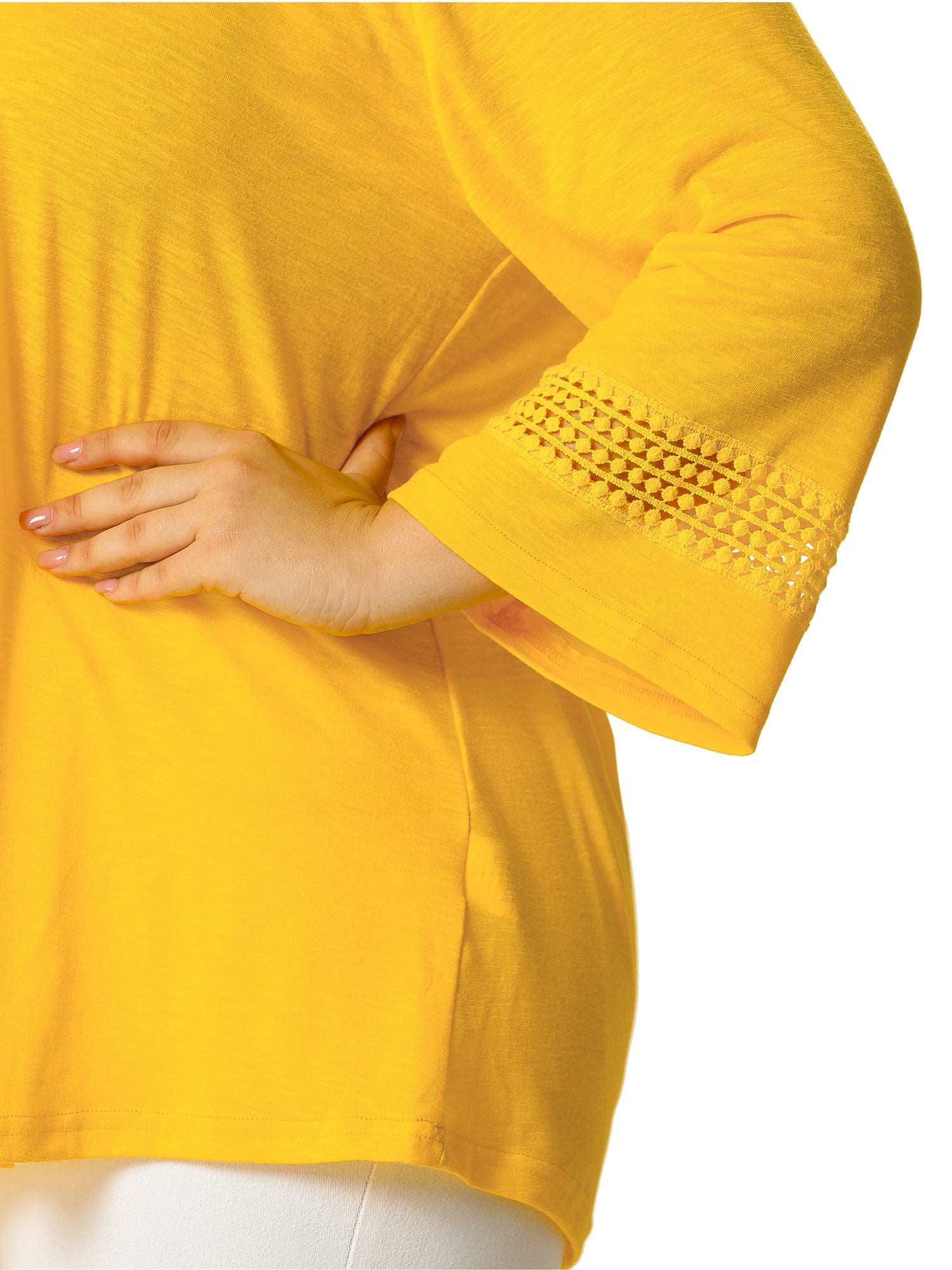 Unique Bargains Juniors' Plus Size Crochet Panel Kimono Raglan Sleeves Ruched Front Top Yellow 2X