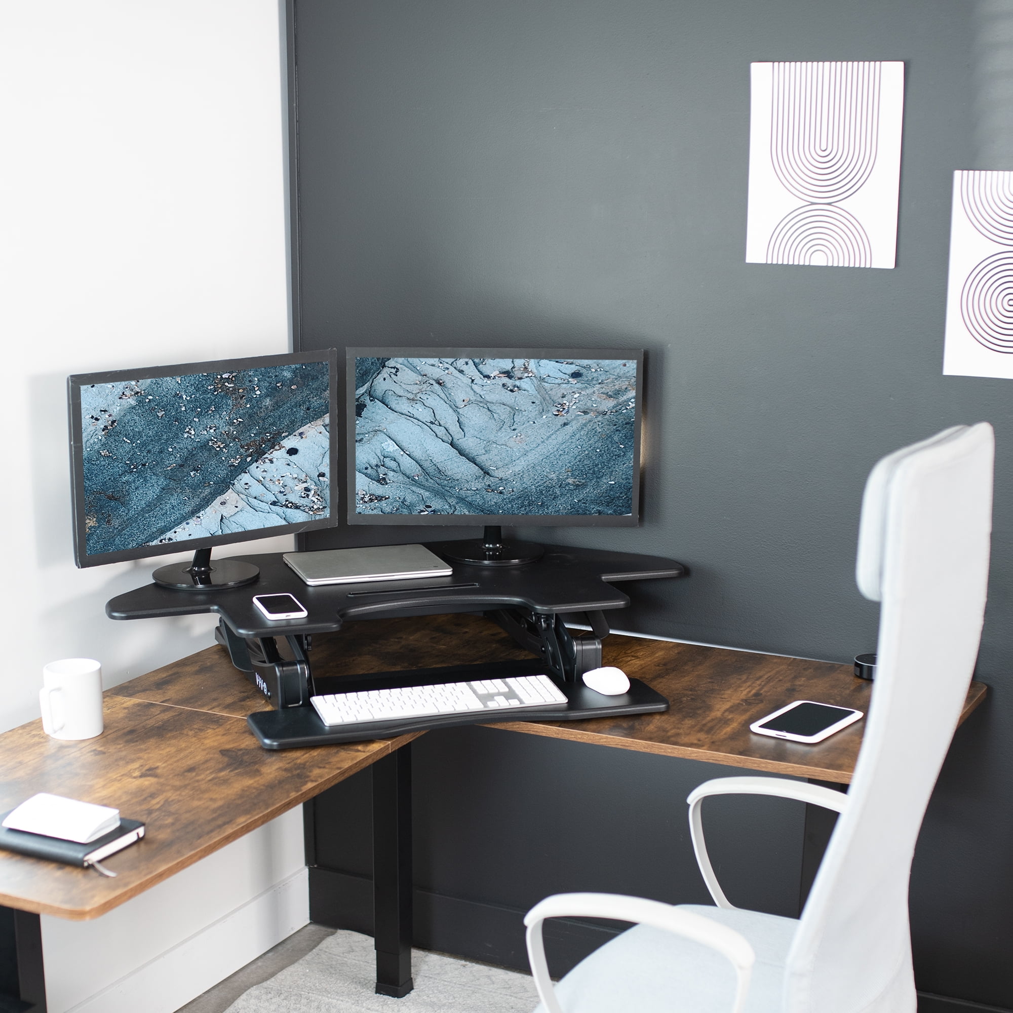 VIVO Black Corner Height Adjustable Cubicle Sit to Standing Tabletop Desk Riser