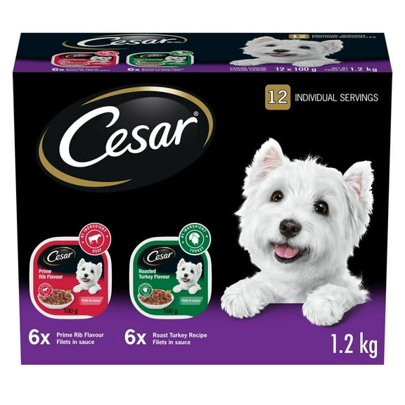 Cesar Adult Filets In Sauce 6 Roasted Turkey & 6 Prime Rib Flavour Soft Wet Dog food 100g