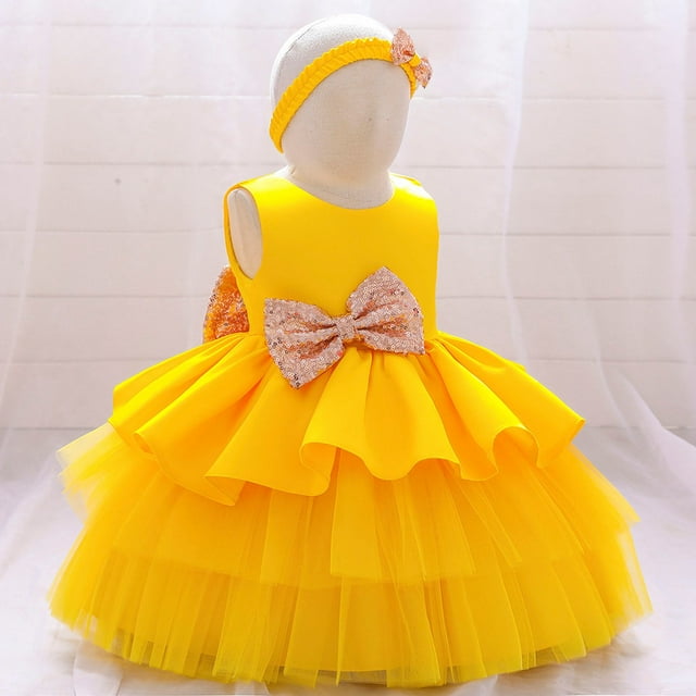 DPTALR Robe de Fête d'Anniversaire Longue pour Tout-Petites Filles en Tulle Brodé avec Strass et Nœud, Ensemble avec Bandeau