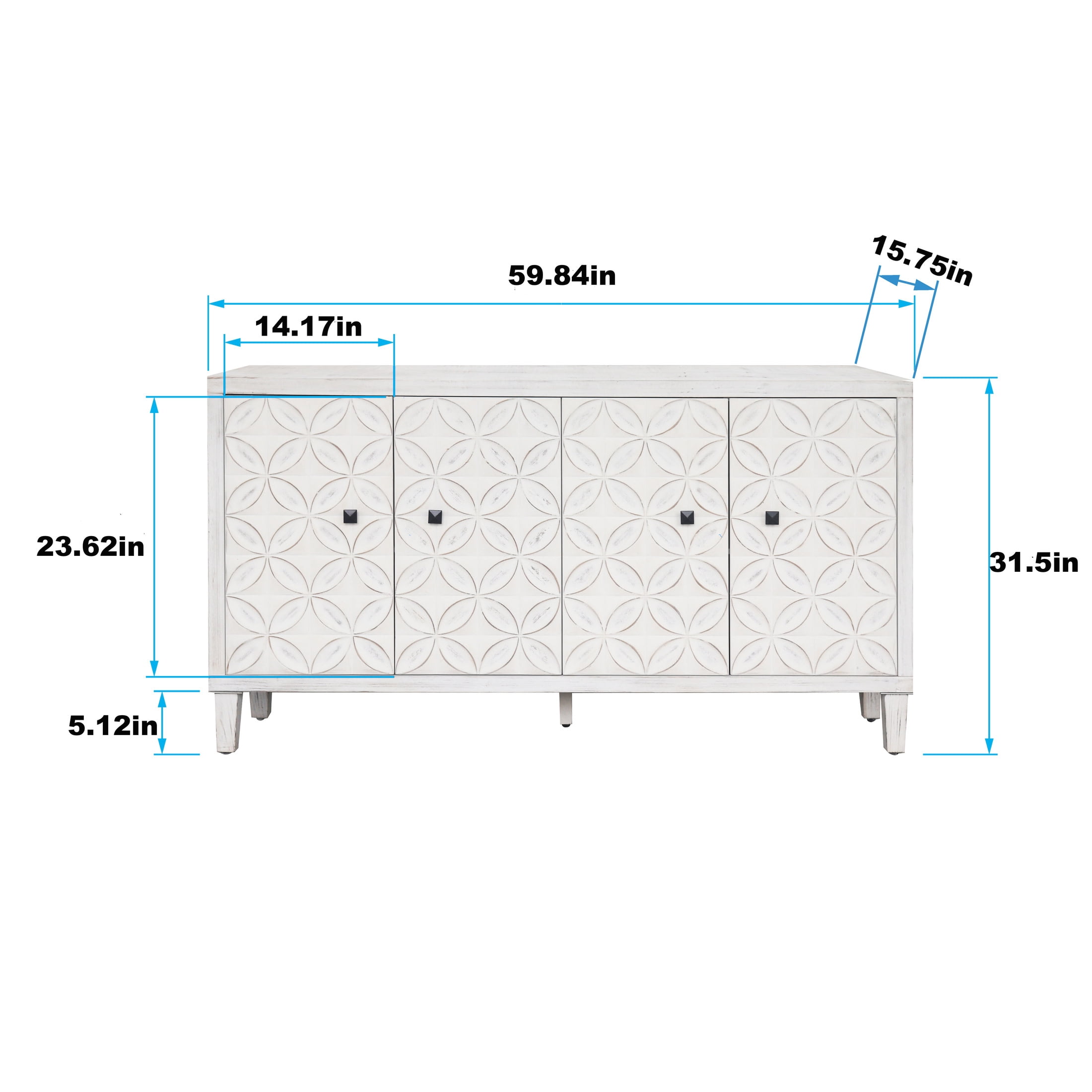 Noble House Shabby Chic Accent Cabinet, 4 Doors with Adjustable Shelves, for Living Room, Dining Room, White Washed