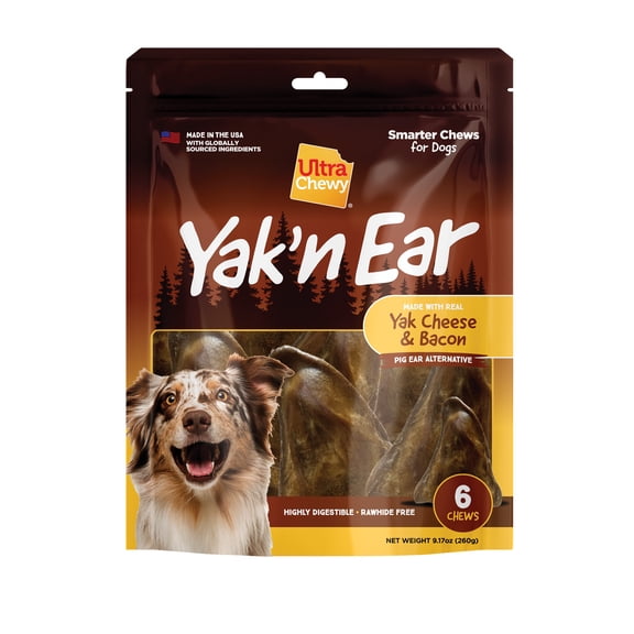 Ultra Chewy Yak'n Ear Dog Treats, Rawhide-Free, Real Yak Cheese & Bacon, 6 Count, 9.17 oz
