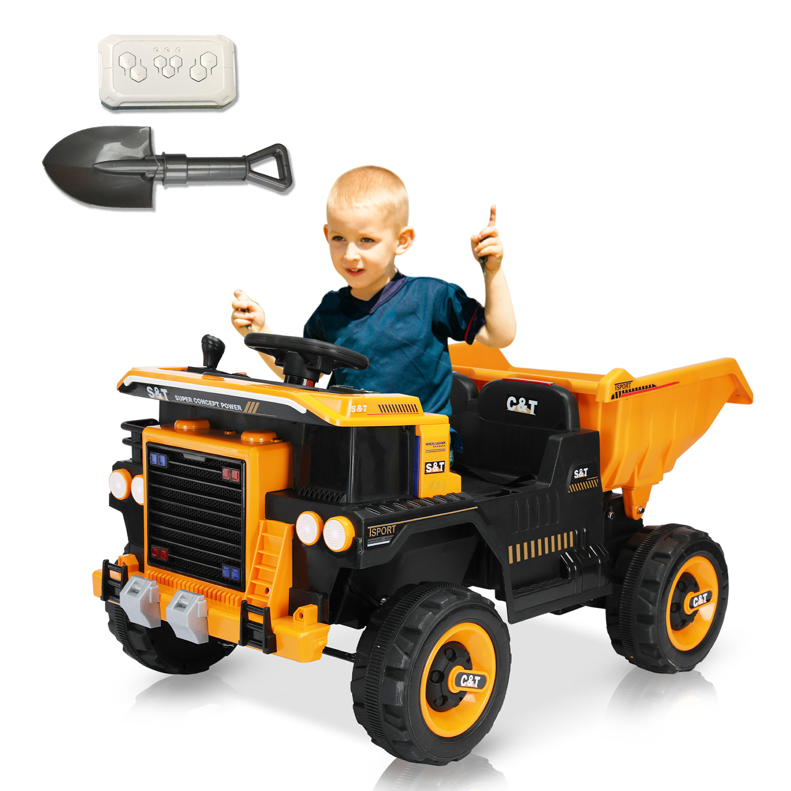 YUFU 12V Battery Kids Ride On Dump Truck RC Construction Tractor w/ Electric Bucket,Yellow