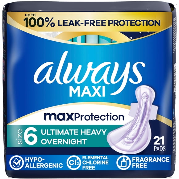 Always Maxi Overnight Pads with Wings for Women, Size 6, Ultimate Heavy Overnight Absorbency, Unscented, 21 Count