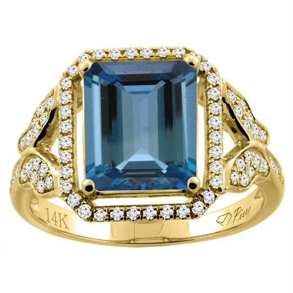 14K Yellow Gold Natural London Blue Topaz Ring Octagon Shape 10x8 mm Diamond Accents, size 9