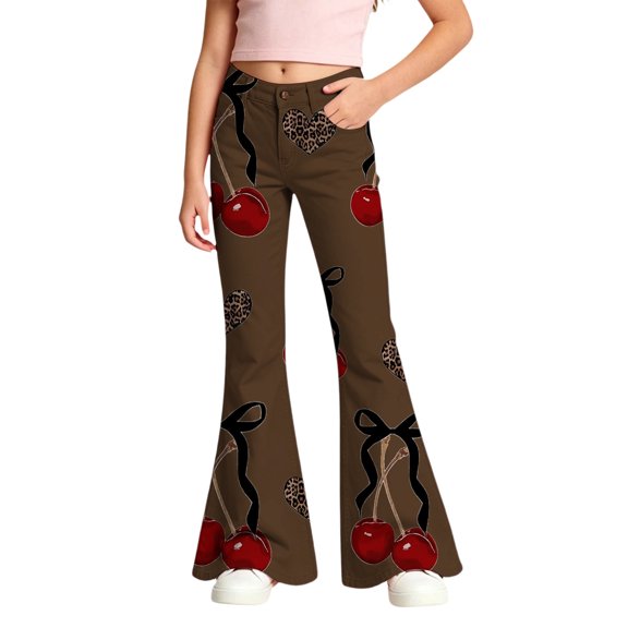 Tfken Child Soft Comfy Pants School Daily Wear Flare Denim Pants Girls With Pockets Stretch Fashion Graphic Print Kids Breathable Clothes Size 5-6 Years Brown