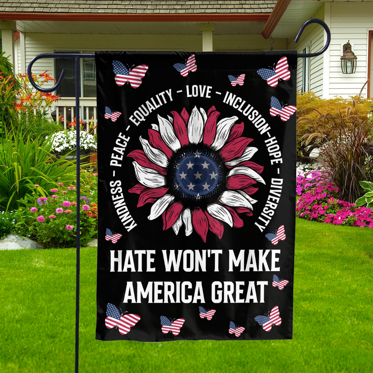 Lotusprinthandmade US Floral Butterfly Hate Won't Make America Great 100% Polyester Garden Flag 12x18 inches