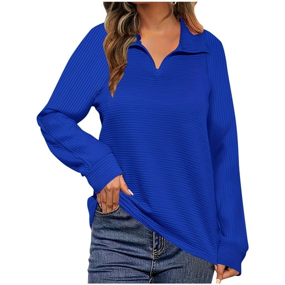 Scyoekwg Womens Tops Quarter Zip V Neck Long Sleeve Tops Fall Winter Ribbed Tunic Pullover Solid Color Casual Loose Outfits (Blue,XXXXL)