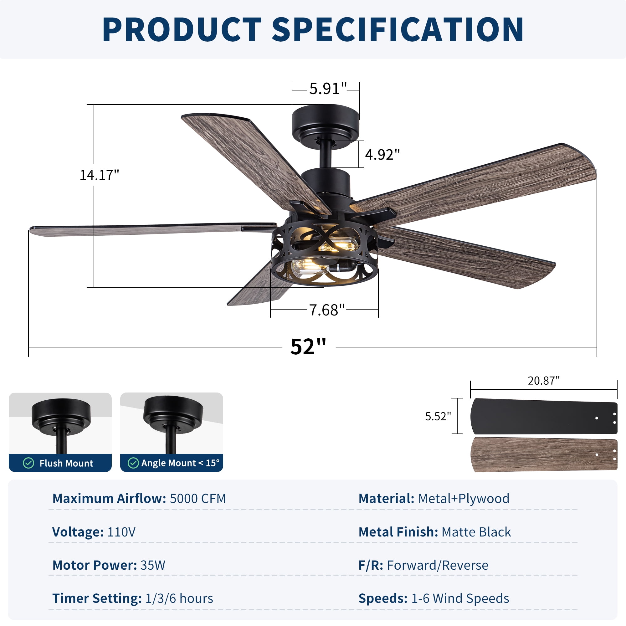 Leumius 52" Modern Farmhouse Industrial Ceiling Fan with Light, Reversible DC Motor, 6‑Speed Timer Remote, Metal Cage, E12 Compatible, Bulbs Not Included for Living Room Bedroom