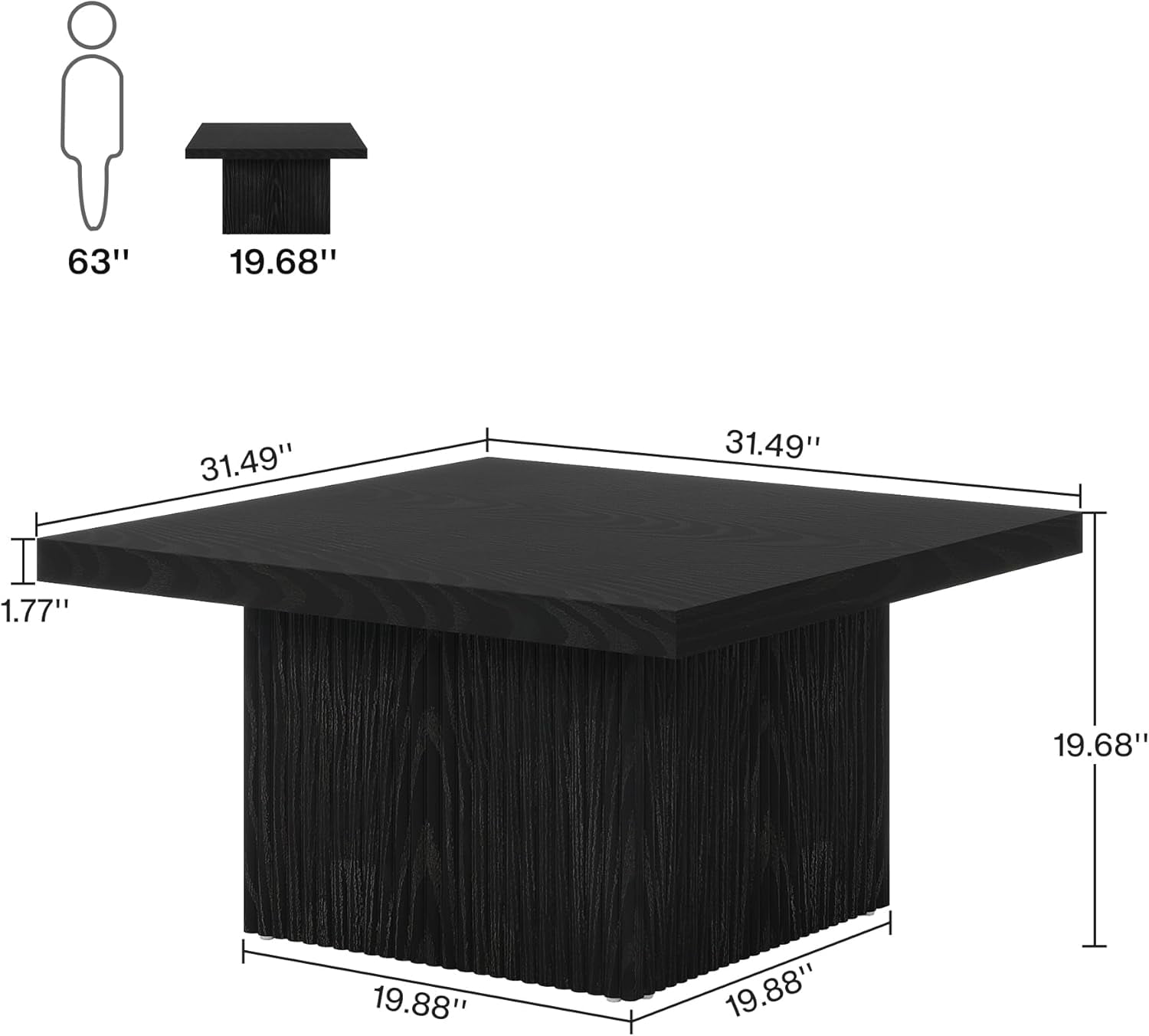 Finmind Square Coffee Table, 31.5-Inch Mid-Century Fluted Table, Large Cocktail Table for Living Room, Easy Assembly - Black