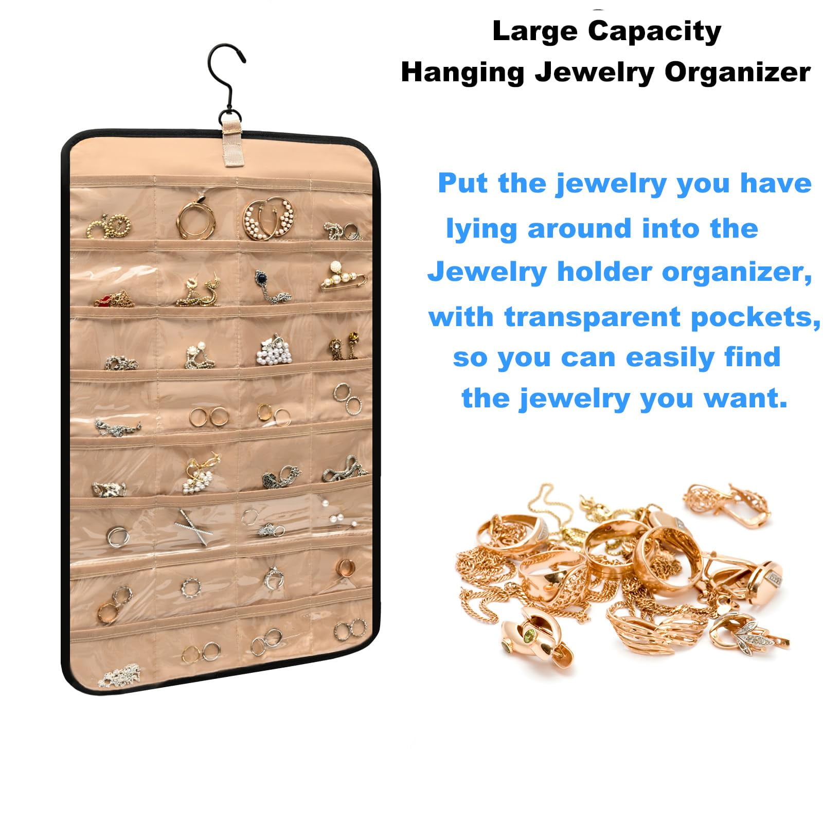 Hanging Jewelry Organizer with Metal Hooks Double-Sided Jewelry Holder, Necklace Holder with 32 Pockets, Jewelry Roll for Earrings, Necklaces, Rings on Closet, Wall, Door, 1 Piece