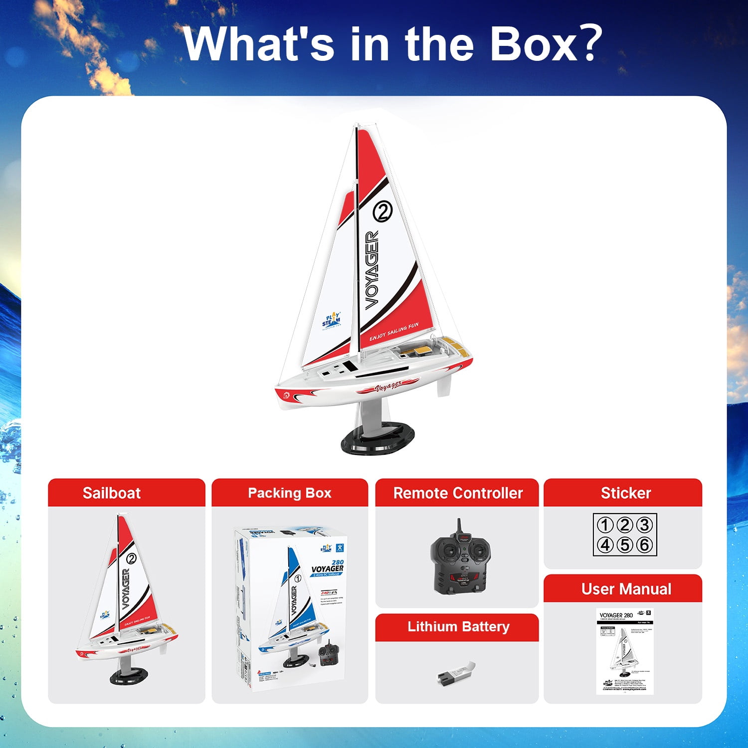 PLAYSTEAM Voyager 280 STEM Science 2.4GHz RC Sailboat Wind Powered Model with Adjustable Sail and Rudder for Learning Wind Direction,Red