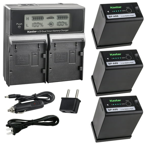 Kastar 3-Pack BP-A60 Battery and AC LCD Dual Fast Charger Compatible with Canon EOS C200, EOS C200B Cinema Camcorder, EOS C220B PL Mount 4K UHD Digital Cinema Camera, EOS C300 Mark II PL Cinema
