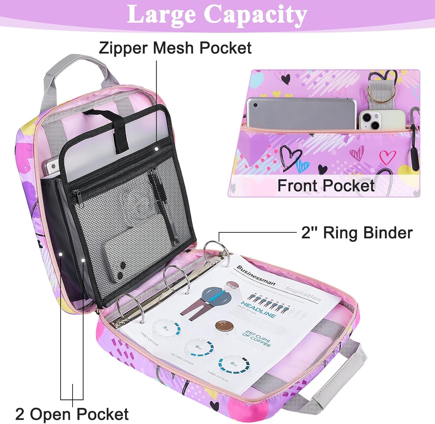 Betoores 3 Ring 2 Inch Zipper Binder, 500 Sheet Capacity Binder With Zipper For Girl And Boy, Compatible With 13-Inch MacBook, Handle And Shoulder Strap Included (Purple)