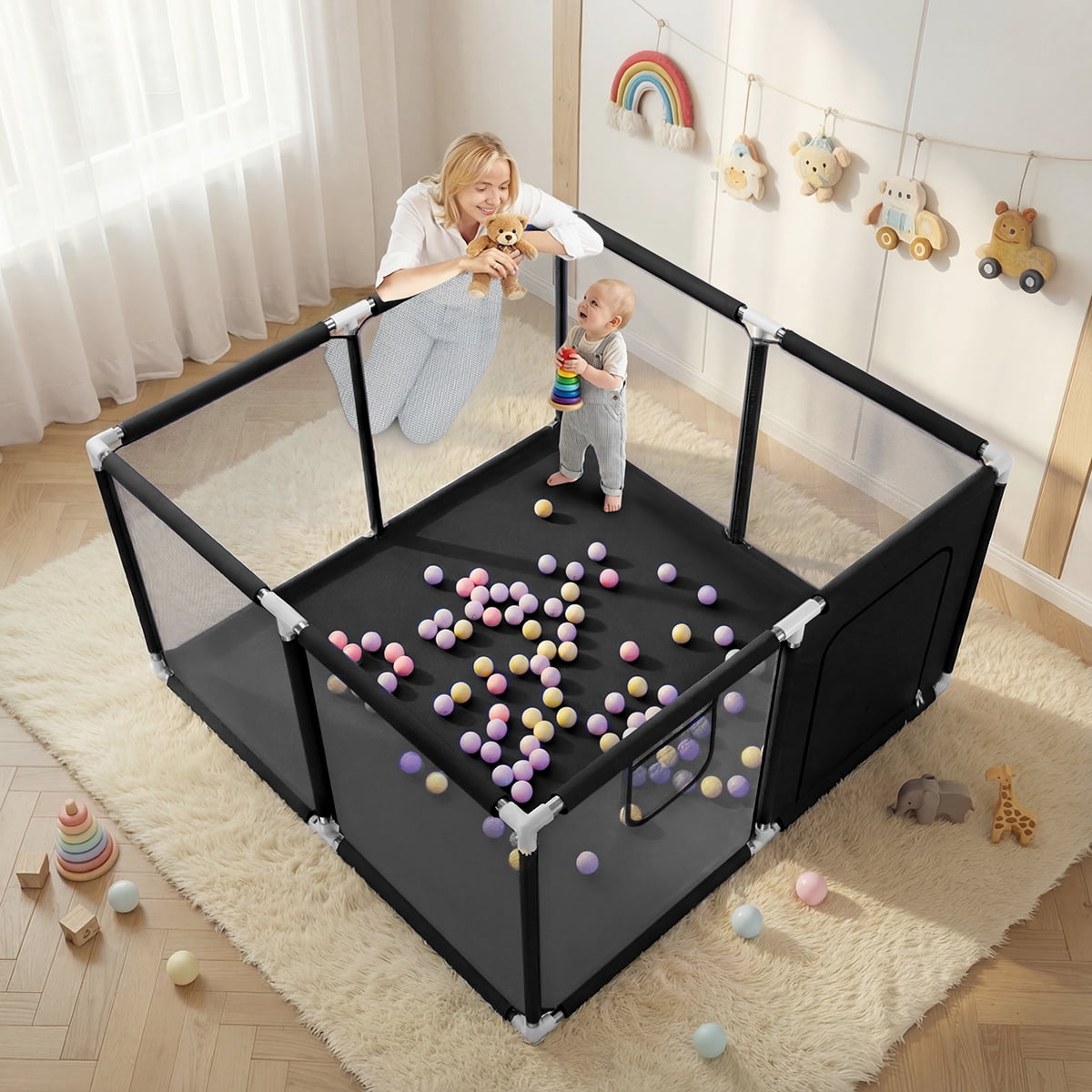 Baby Playpen, Outdoor Play Yard, Portable Play Yard 4-Panel- Baby Foldable Safety Playpen for Infant Toddler, Black