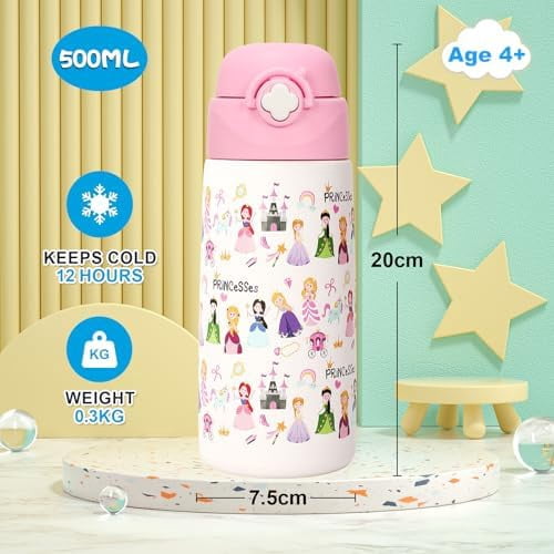 Girls Insulated Water Bottle with Covered Pop-Up Straw,16 oz Kids Cups with Stainless Steel Leak Proof for School Pink（Princess）