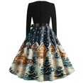 thumbnail image 3 of Christmas Dresses for Women Women's Christmas Printed Round Neck Big Hem Skirt Pleated Skirt Long Sleeved Dress with Christmas Tree and Snow House Print for Holiday Party,Orange,S, 3 of 4