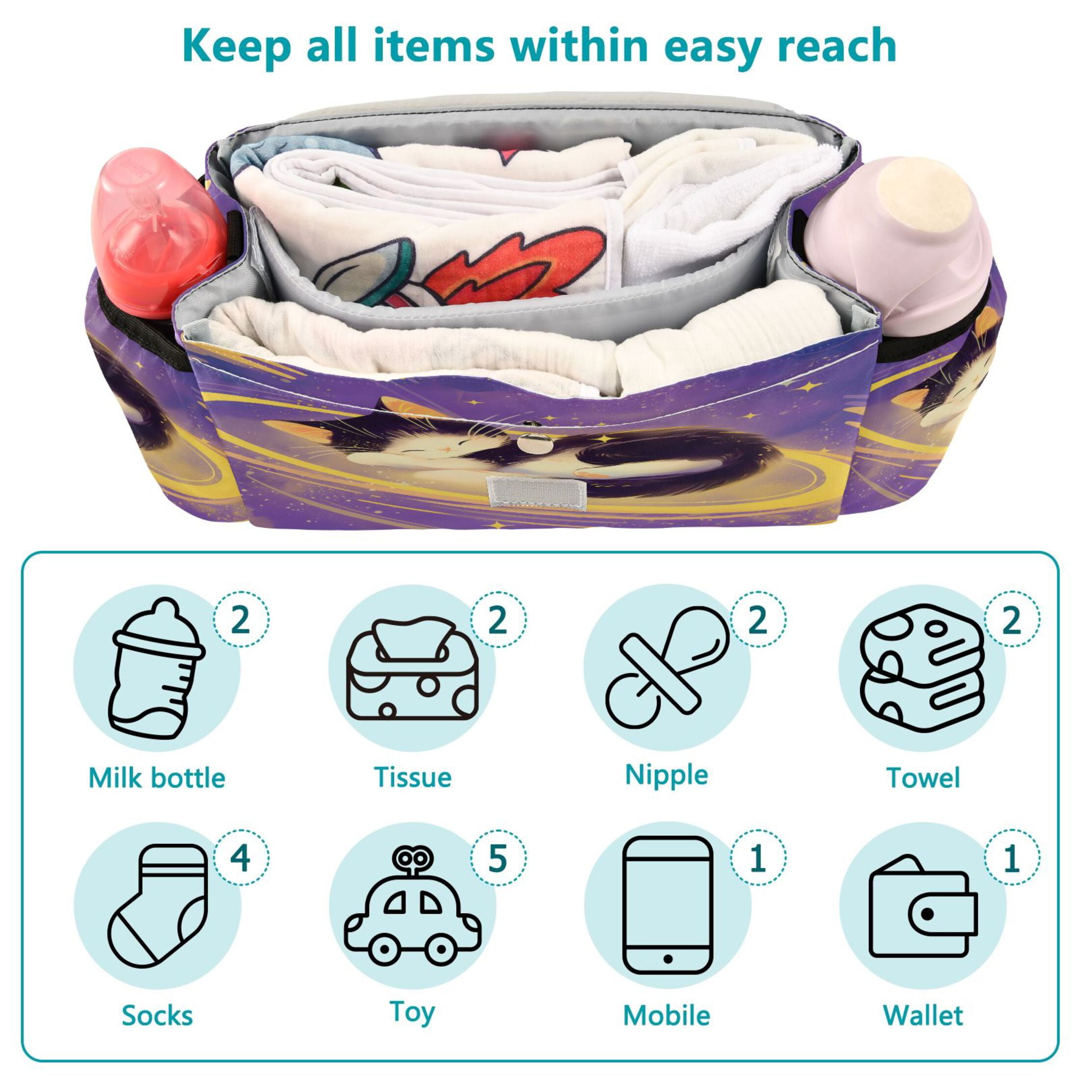 DIXRUYEE Stroller Organizer Cosmic Cat Printed