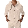thumbnail image 2 of Ceisia Men's Regular Fit Cotton Linen Blend Hooded Roll-Tab 3/4 Sleeve Solid Color Casual Shirt Gifts, 2 of 9