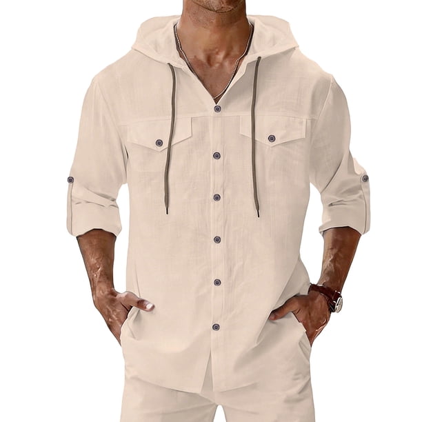 Camisa de Manga Corta Botón Arriba Casual Cuello Redondo Tela Delgada para el Ejercicio Y el Uso Diario, Camisas de Manga Larga Casual de Moda con Capucha con Bolsillos