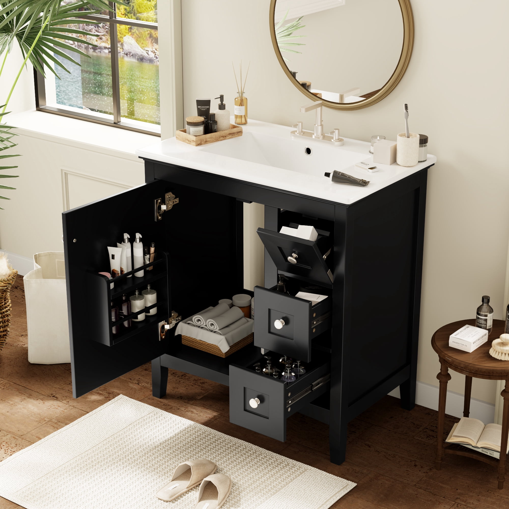Euroco 30 Inch Bathroom Vanity with Ceramic Sink, Black Bathroom with 3 Drawers, Solid Wood Frame Modern Bathroom Storage Cabinet , Ideal for Home