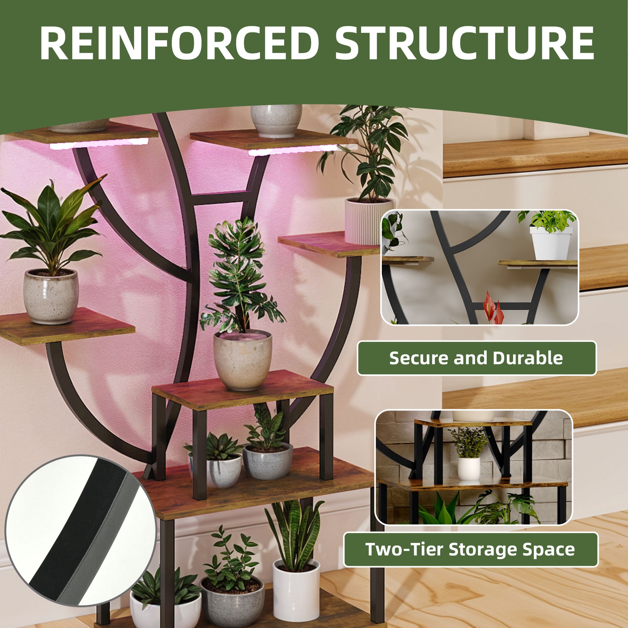 Uforic Indoor Plant Stand with Grow Lights, 63" Multiple Pots Metal Flower Stands Plant Shelf