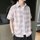 thumbnail image 4 of Camisas y blusas de cuadros rojos para hombre de media manga, de seda, de algodón, de marca barata, estilo hipster coreano, ropa de diseñador asiática, 4 of 5