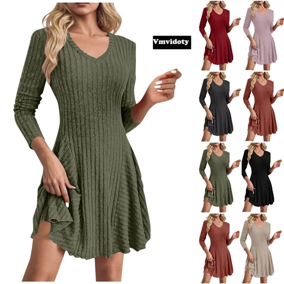 Vmvidoty Sweater Dress for Women 2026 Fall Long Sleeve V Neckline A Line Fit and Flare Ribbed Knit Short Dresses Green S