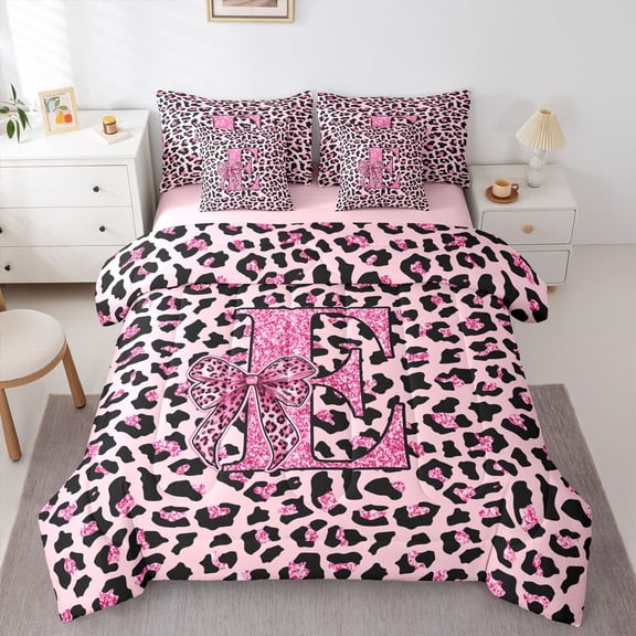 Erosebridal Cheetah Print E Letter Kid Twin Bedding Sets, Princess Pink Bow Bedding Comforter Set, 7-Piece