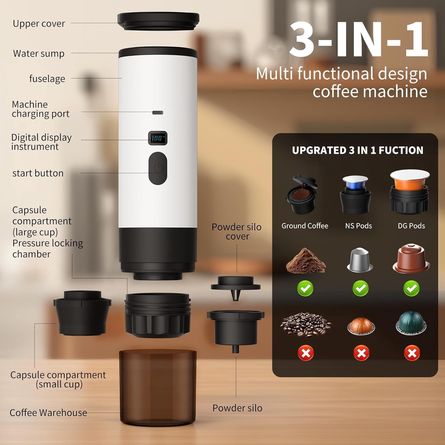 3-in-1 Portable Coffee Maker, Portable Espresso Machine with LED Display and 90ml Sink, Compatible with Ground Coffee & Capsules for RV, Hiking, Office, Auto-Heating, USB-C (Gray)