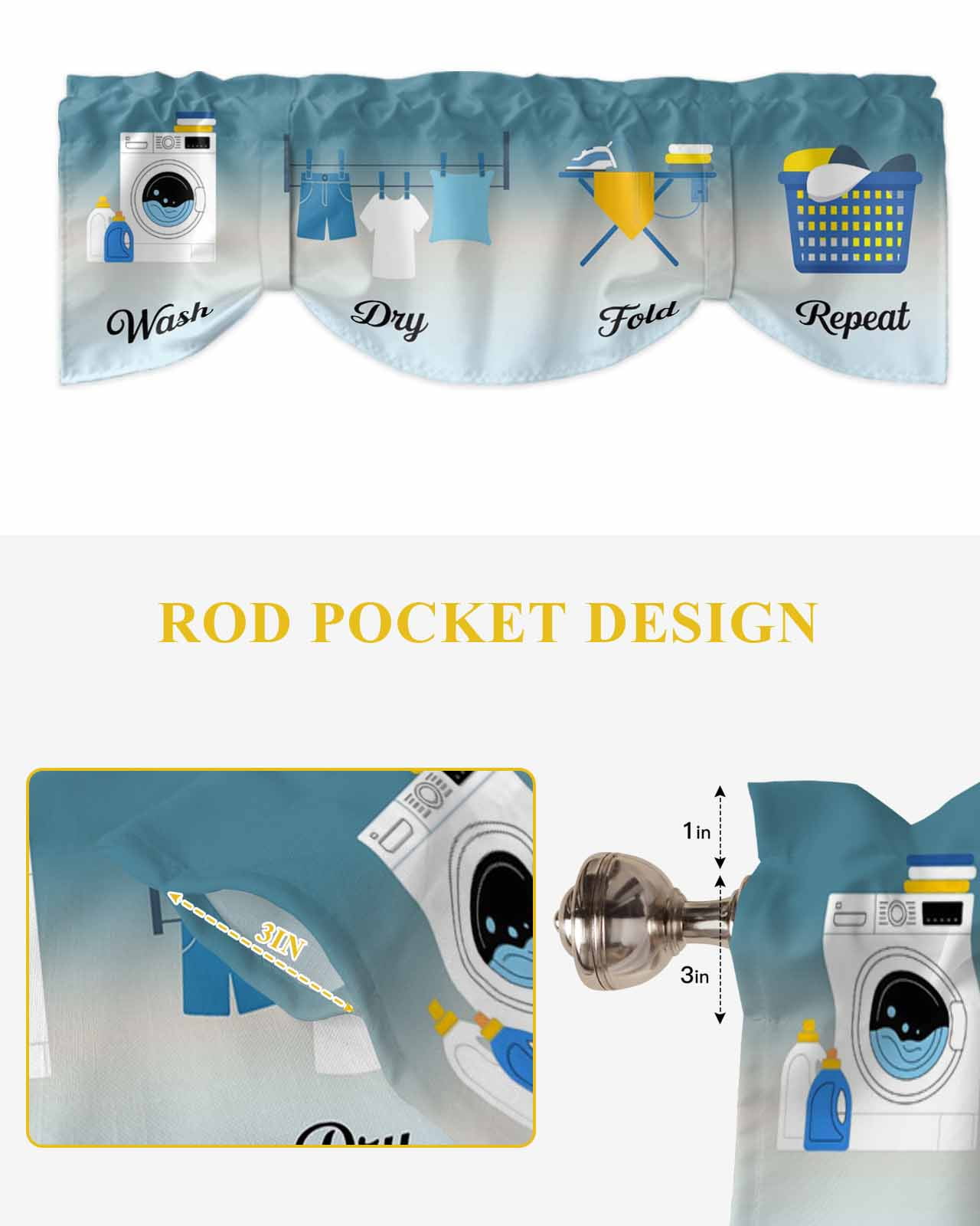 Wash Dry Fold Repeat Tie Up Valances Curtain, Laundry Clothes Gradient Blue Kitchen Valances for Windows Decor, Rod Pocket Short Curtains Set for Bedroom/Bathroom, 54"x18"