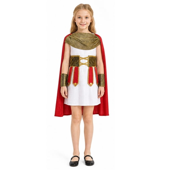 Roman Warrior Cosplay, Roman Warrior Cos, Ancient Roman Goddess Costume Set, White Tunic Dress With Red Cape Gold Armor Wrist Cuffs, Roman Empress Cosplay Outfit for Halloween Themed Party, Red L