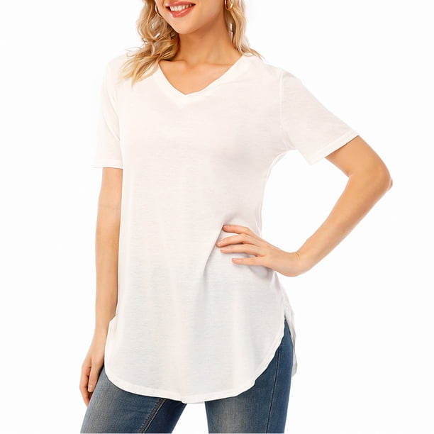 Camiseta de mujer, cuello en V, manga corta, larga, casual, para fiesta, tops Eccomum Blanco XXXXXL