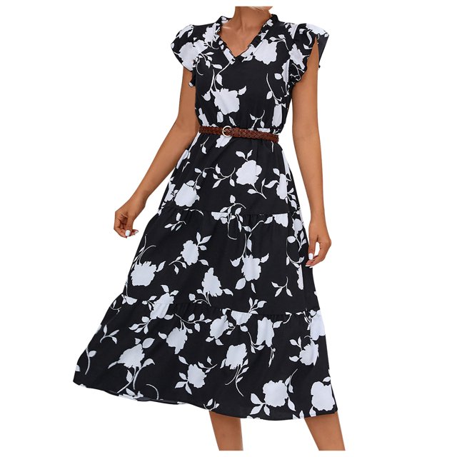 Birdeem Robe Décontractée Mode pour Femmes Col en V Imprimé Floral Fendu Manches Bouffantes