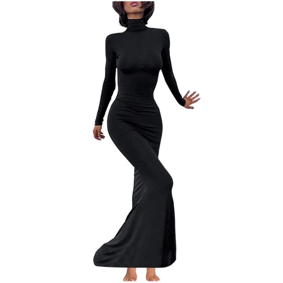 HAPIMO Women's Maxi Bodycon Basic Dress Solid Color High Neck Elegant Casual Trendy Clearance Spring Long Sleeve Black L