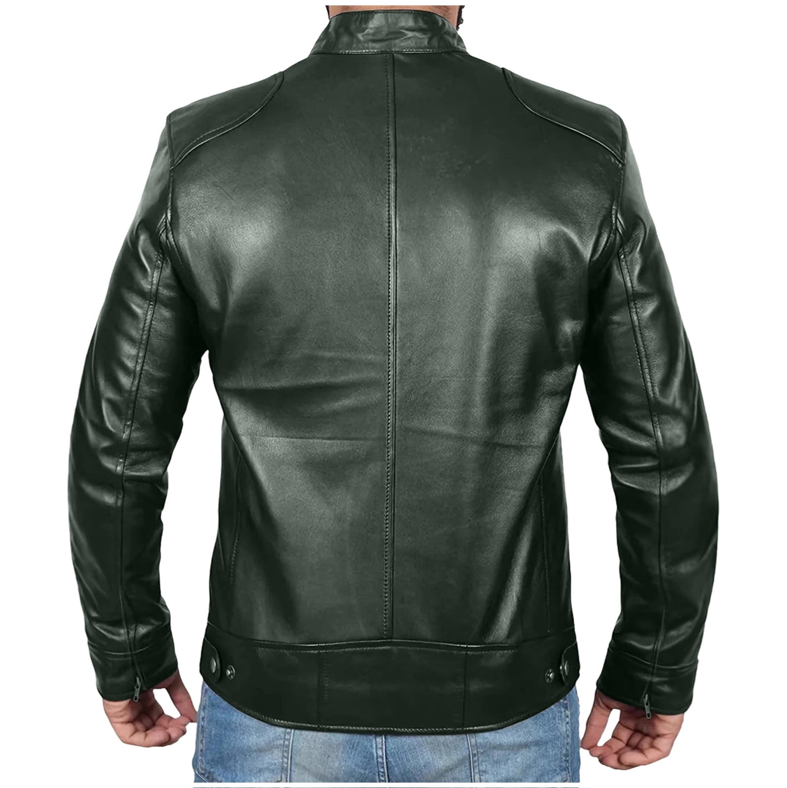 Fengqque Men's Solid Color Retro Fashion Stand Collar Leather Jacket Motorcycle Lightweight Faux Leather Jacket Army Green XL(XL)